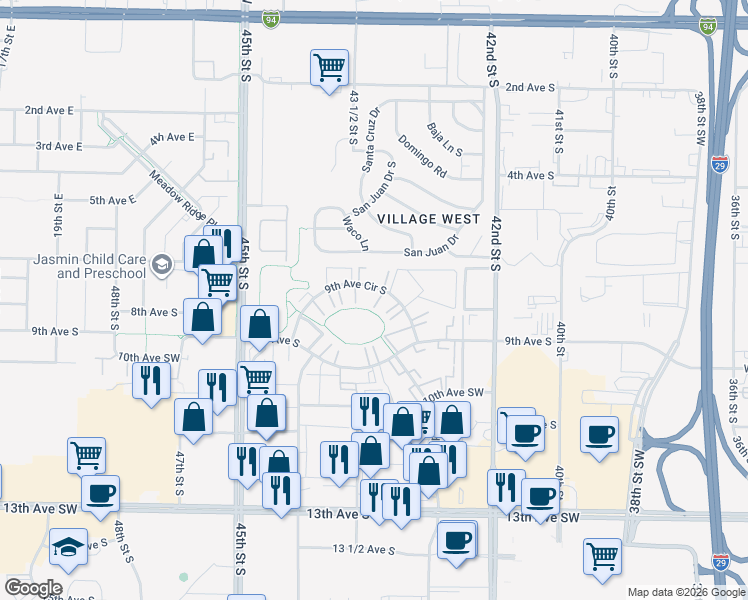 map of restaurants, bars, coffee shops, grocery stores, and more near 901 43rd Street Southwest in Fargo