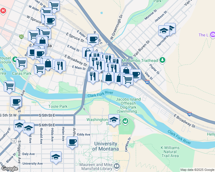 map of restaurants, bars, coffee shops, grocery stores, and more near 100 Madison Street in Missoula