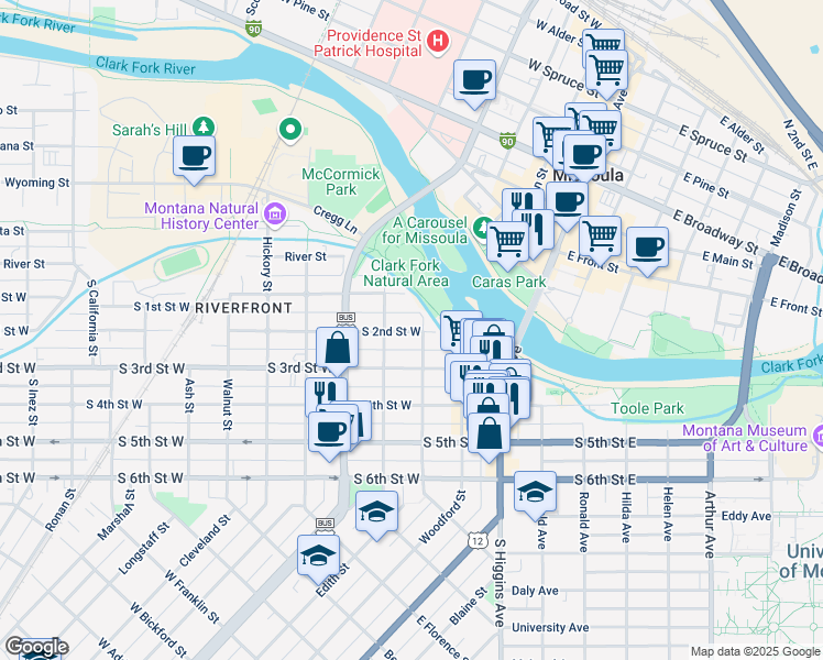 map of restaurants, bars, coffee shops, grocery stores, and more near 420 Chestnut Street in Missoula