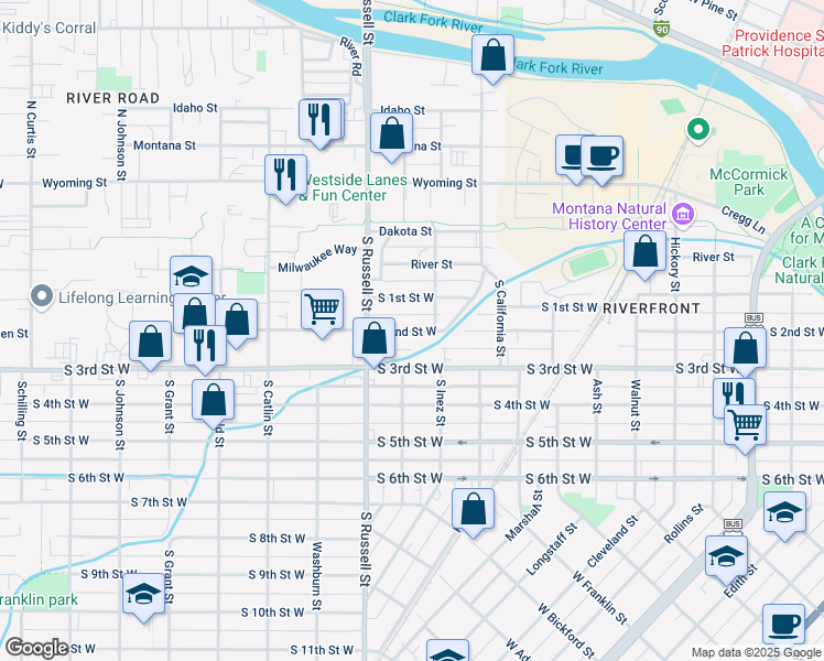 map of restaurants, bars, coffee shops, grocery stores, and more near 1309 South 2nd Street West in Missoula