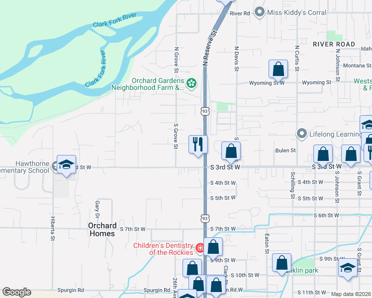 map of restaurants, bars, coffee shops, grocery stores, and more near 2520 South 3rd Street West in Missoula