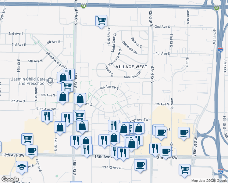 map of restaurants, bars, coffee shops, grocery stores, and more near 901 43rd Street Southwest in Fargo