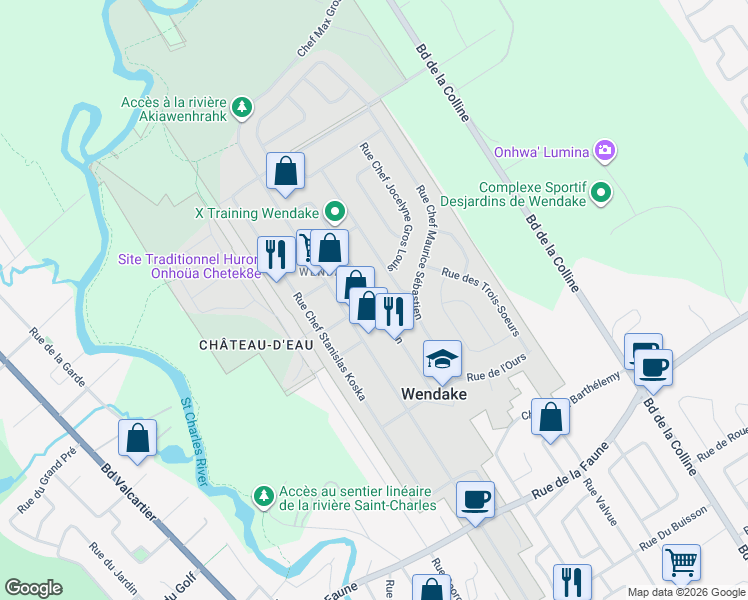 map of restaurants, bars, coffee shops, grocery stores, and more near Rue Chef Thomas Martin in Wendake