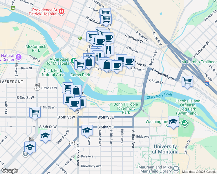 map of restaurants, bars, coffee shops, grocery stores, and more near 320 Clay Street in Missoula