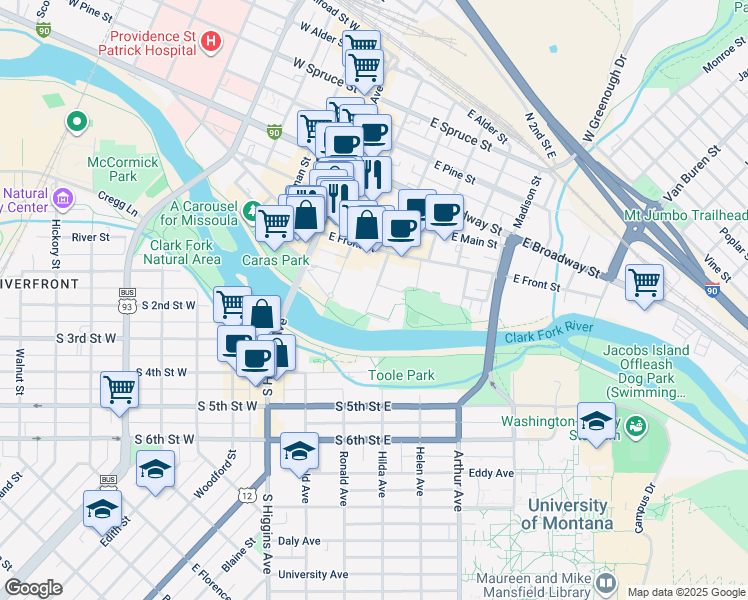 map of restaurants, bars, coffee shops, grocery stores, and more near 323 Levasseur Street in Missoula