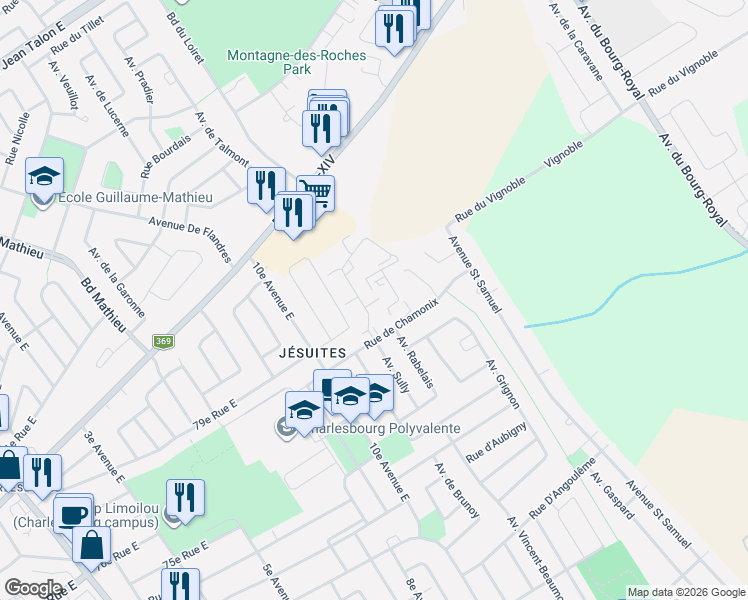 map of restaurants, bars, coffee shops, grocery stores, and more near 1175 Rue de Chamonix in Québec