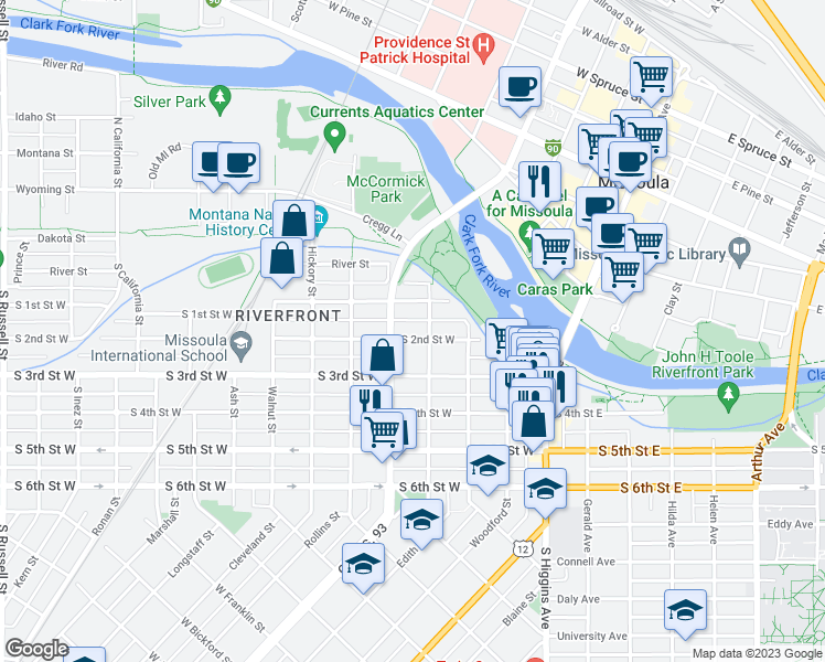 map of restaurants, bars, coffee shops, grocery stores, and more near 418 South 2nd Street West in Missoula