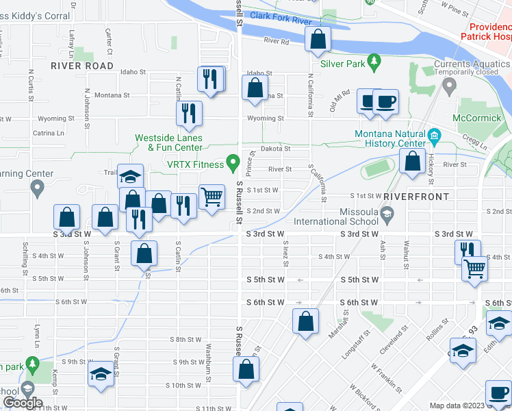 map of restaurants, bars, coffee shops, grocery stores, and more near 1408 South 2nd Street West in Missoula