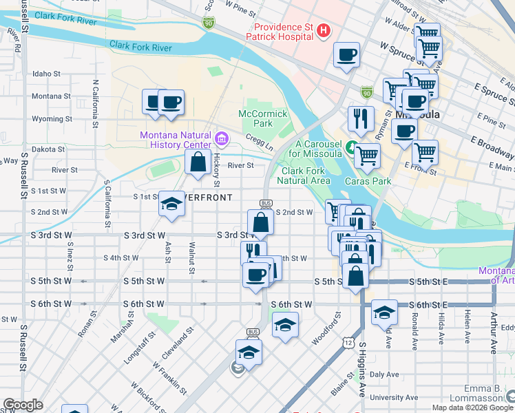 map of restaurants, bars, coffee shops, grocery stores, and more near in Missoula