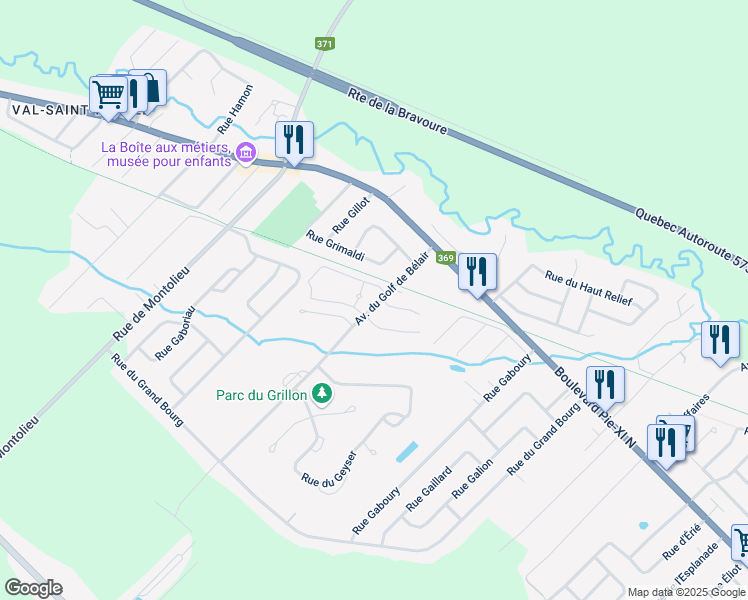 map of restaurants, bars, coffee shops, grocery stores, and more near 1370 Avenue du Golf de Bélair in Québec