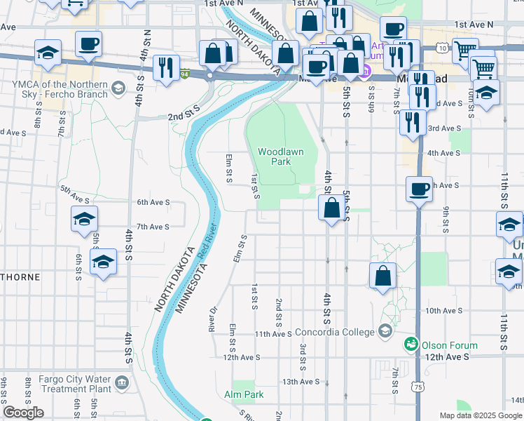 map of restaurants, bars, coffee shops, grocery stores, and more near 121 6th Avenue South in Moorhead