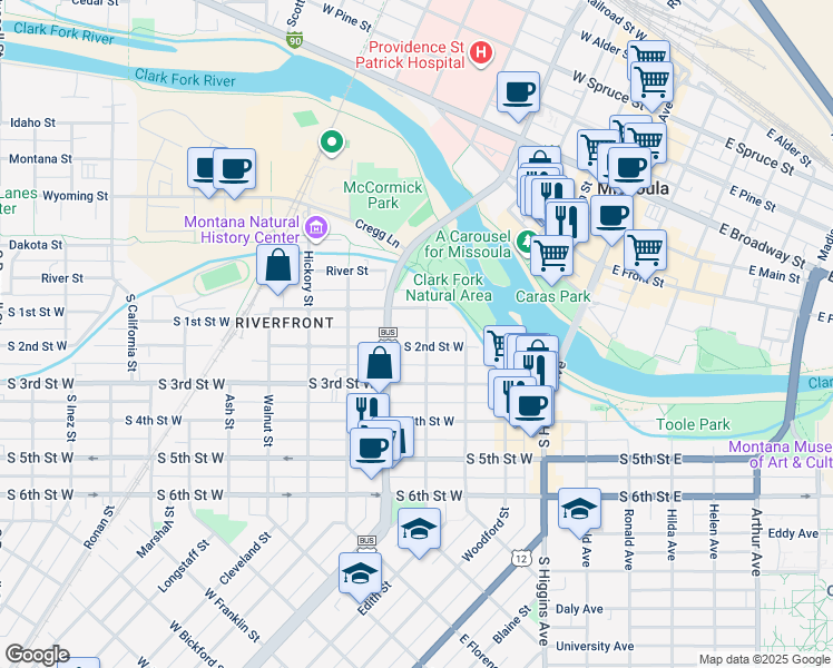 map of restaurants, bars, coffee shops, grocery stores, and more near 460 South 1st Street West in Missoula