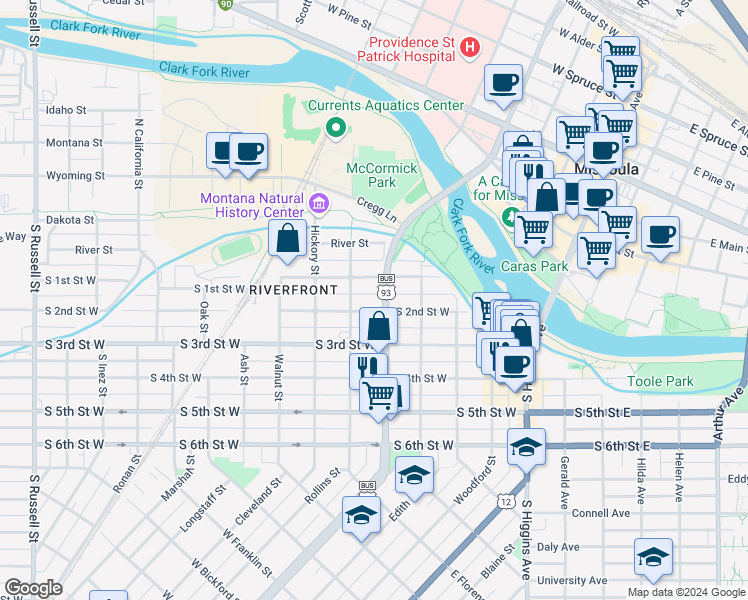 map of restaurants, bars, coffee shops, grocery stores, and more near 528 South 1st Street West in Missoula