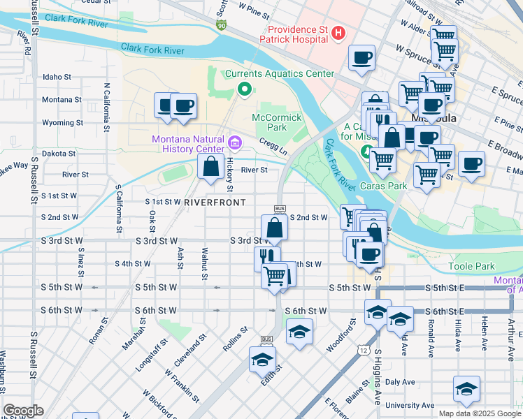 map of restaurants, bars, coffee shops, grocery stores, and more near 528 South 1st Street West in Missoula