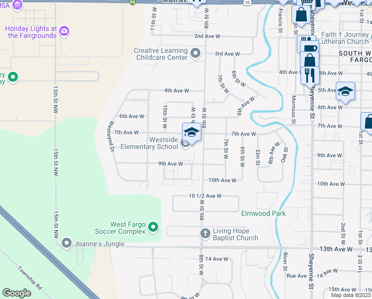 map of restaurants, bars, coffee shops, grocery stores, and more near 901-943 7th Avenue West in West Fargo