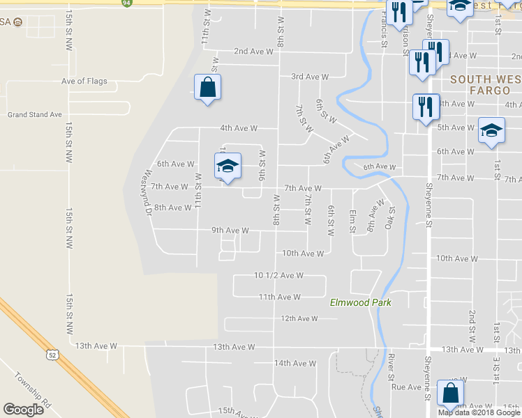 map of restaurants, bars, coffee shops, grocery stores, and more near 945 7th Ave W in West Fargo