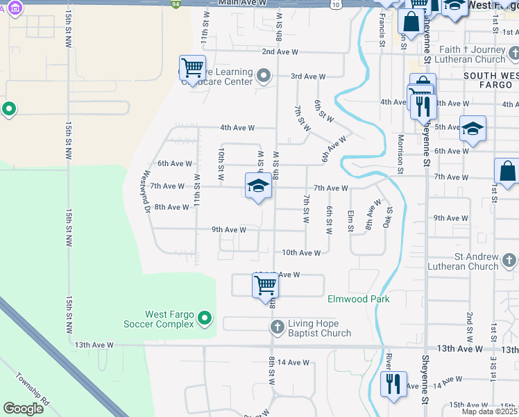 map of restaurants, bars, coffee shops, grocery stores, and more near 945 7th Avenue West in West Fargo