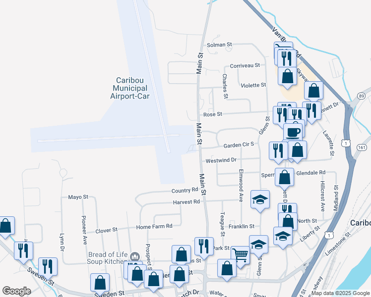 map of restaurants, bars, coffee shops, grocery stores, and more near 810 Main Street in Caribou