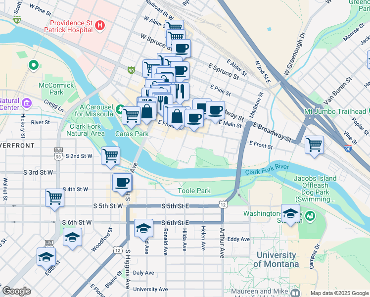 map of restaurants, bars, coffee shops, grocery stores, and more near 301 East Front Street in Missoula