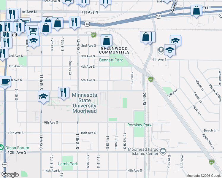 map of restaurants, bars, coffee shops, grocery stores, and more near 504 17th Street South in Moorhead