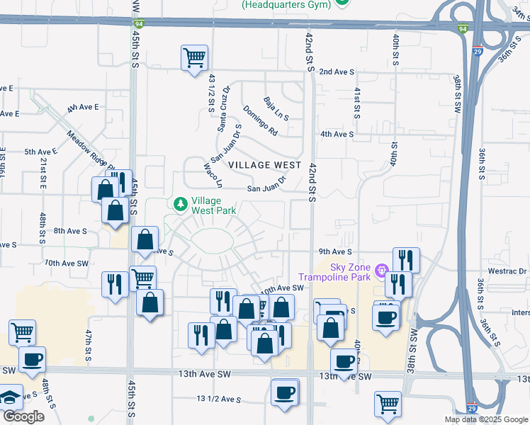 map of restaurants, bars, coffee shops, grocery stores, and more near 4300-4414 San Juan Dr in Fargo