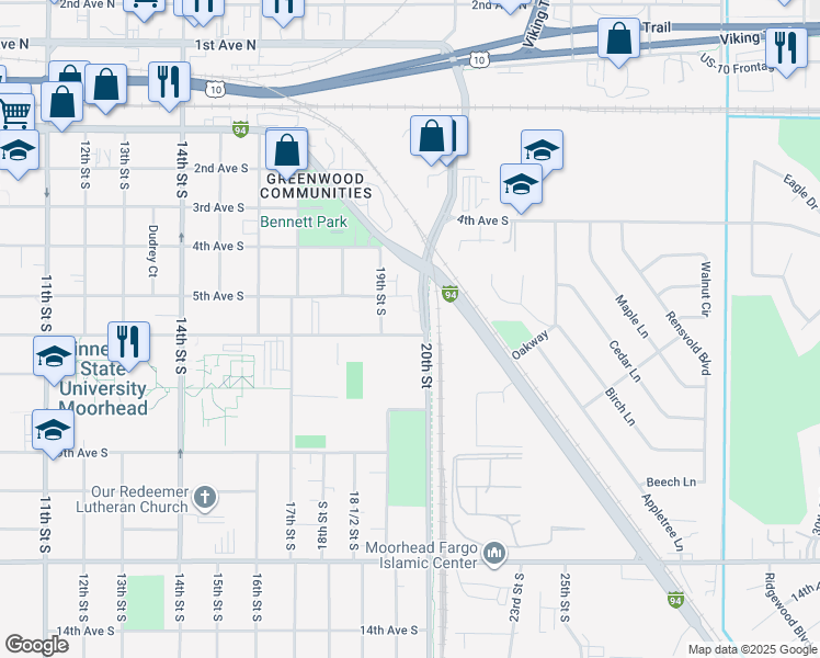 map of restaurants, bars, coffee shops, grocery stores, and more near 1920 6th Avenue South in Moorhead