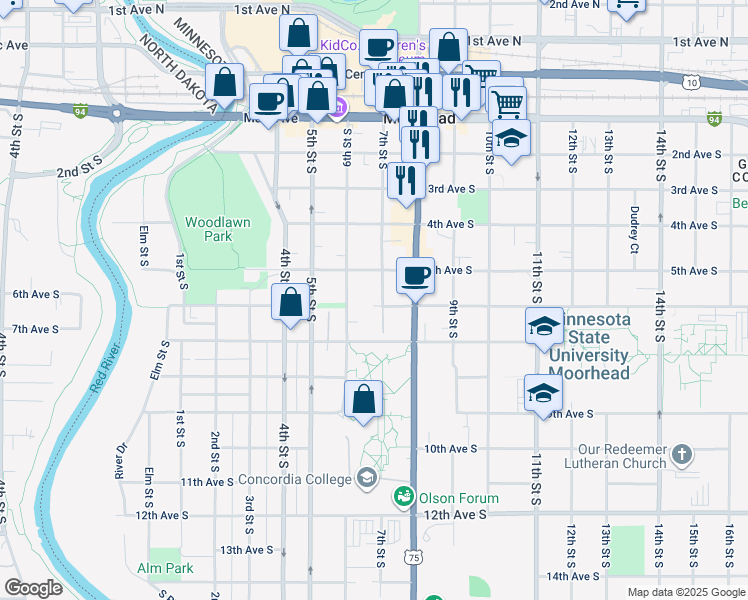 map of restaurants, bars, coffee shops, grocery stores, and more near 523 7th Street South in Moorhead