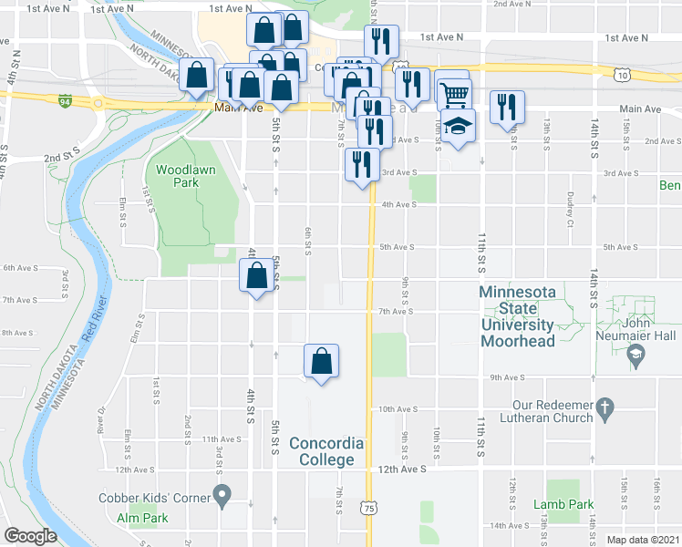 map of restaurants, bars, coffee shops, grocery stores, and more near 525 7th Street South in Moorhead