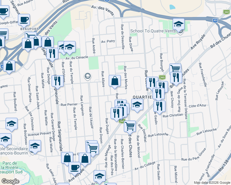 map of restaurants, bars, coffee shops, grocery stores, and more near 103 Rue Carmichaël in Québec