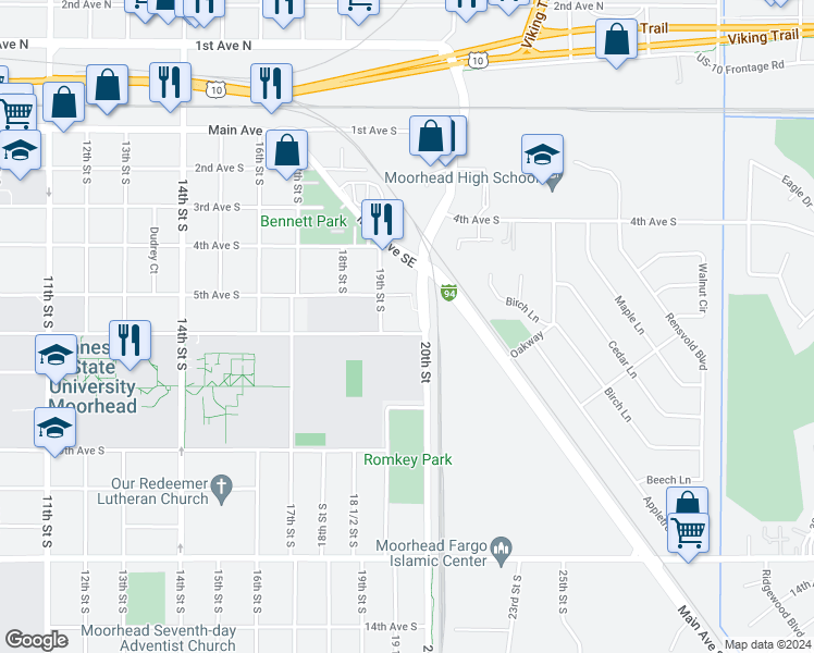 map of restaurants, bars, coffee shops, grocery stores, and more near 1918 South 6th Avenue in Moorhead