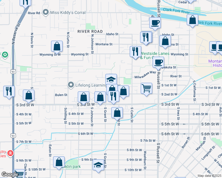 map of restaurants, bars, coffee shops, grocery stores, and more near 1800 South 2nd Street West in Missoula