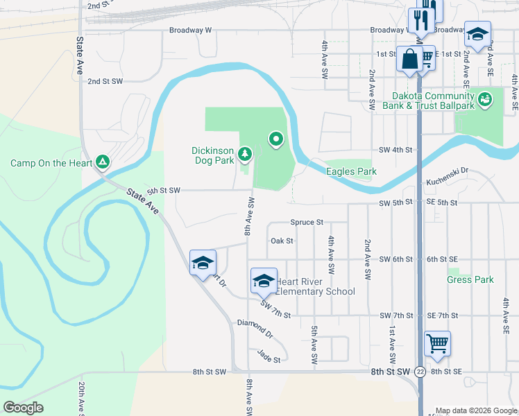 map of restaurants, bars, coffee shops, grocery stores, and more near 523 8th Avenue Southwest in Dickinson