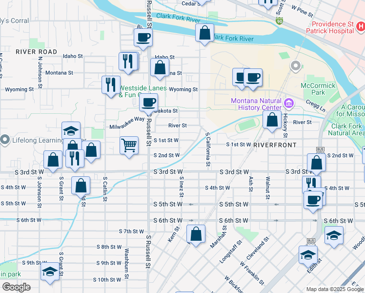 map of restaurants, bars, coffee shops, grocery stores, and more near 1260 South 1st Street West in Missoula