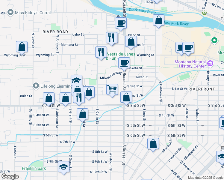 map of restaurants, bars, coffee shops, grocery stores, and more near 1615 Milwaukee Way in Missoula