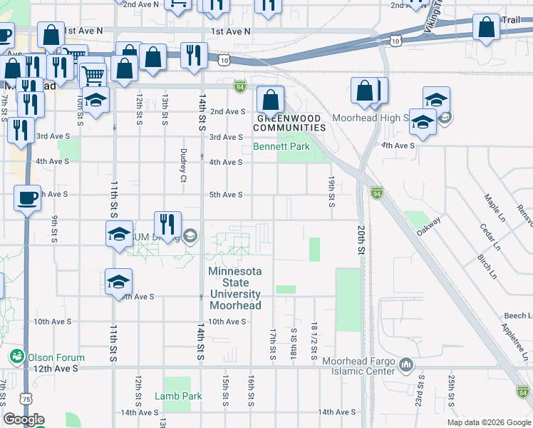 map of restaurants, bars, coffee shops, grocery stores, and more near 504 17th Street South in Moorhead
