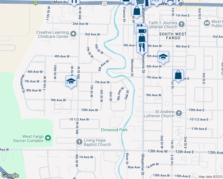 map of restaurants, bars, coffee shops, grocery stores, and more near 702 Elm St in West Fargo