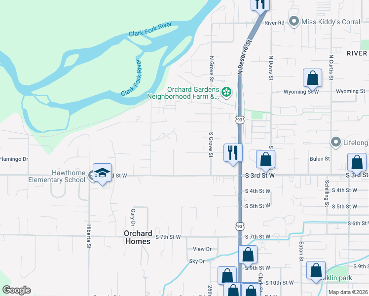 map of restaurants, bars, coffee shops, grocery stores, and more near 2640 Gleason St in Missoula