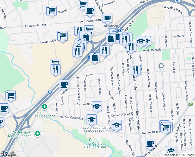 map of restaurants, bars, coffee shops, grocery stores, and more near 101 Rue de Chaillot in Québec