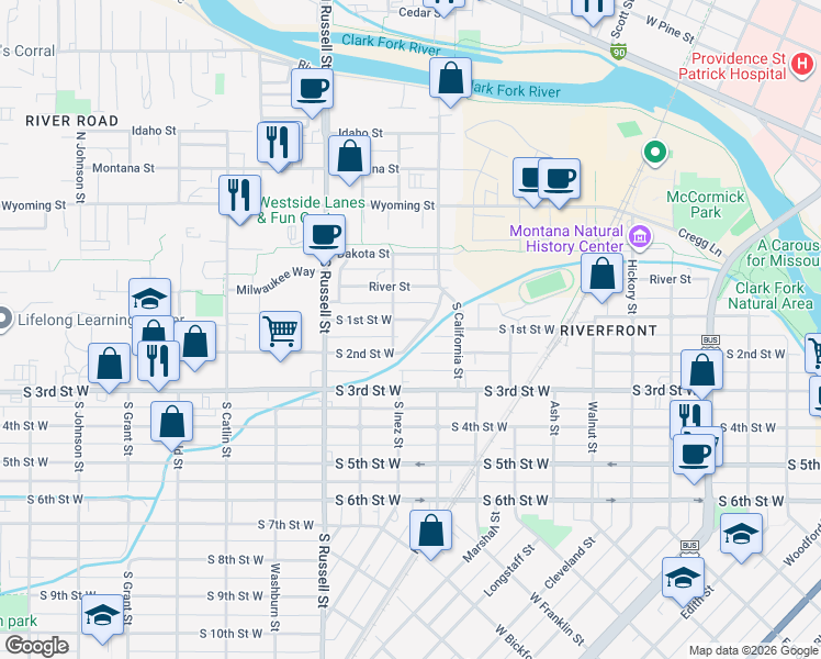 map of restaurants, bars, coffee shops, grocery stores, and more near 1260 South 1st Street West in Missoula