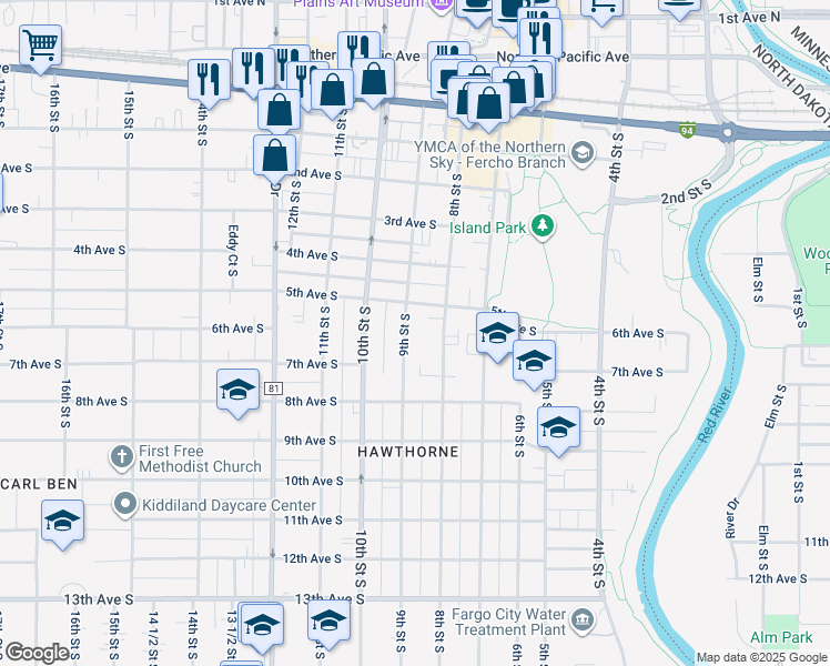 map of restaurants, bars, coffee shops, grocery stores, and more near 505 9th Street South in Fargo