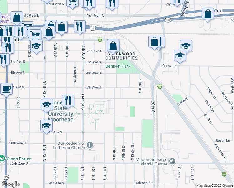 map of restaurants, bars, coffee shops, grocery stores, and more near 504 17th Street South in Moorhead