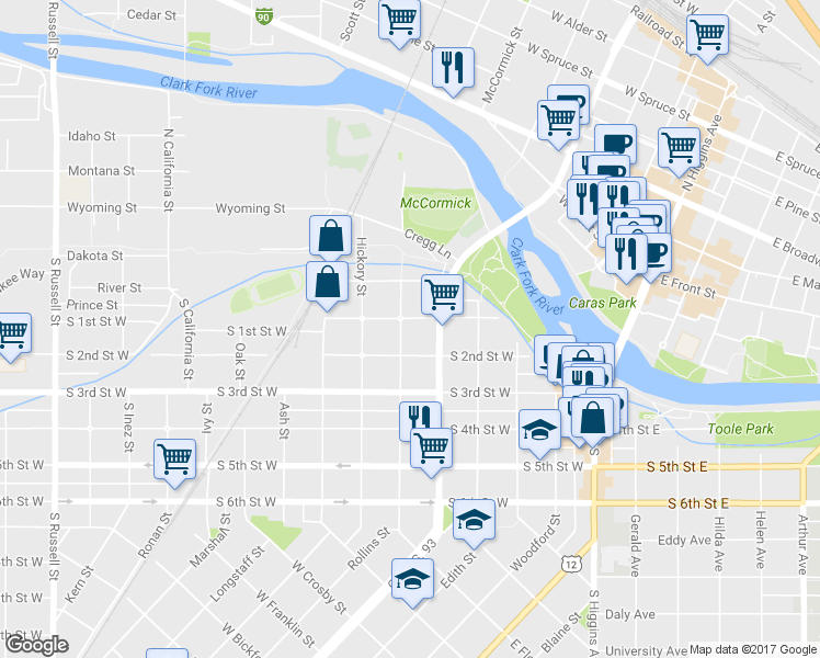 map of restaurants, bars, coffee shops, grocery stores, and more near 537 South 1st Street West in Missoula