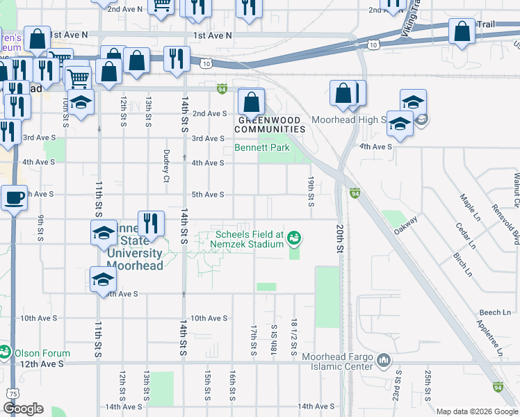 map of restaurants, bars, coffee shops, grocery stores, and more near 504 17th Street South in Moorhead