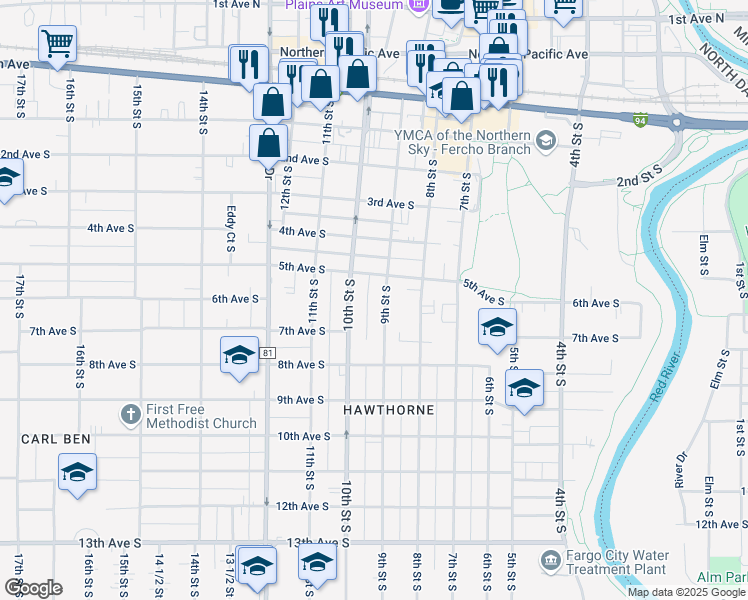 map of restaurants, bars, coffee shops, grocery stores, and more near 505 9th Street South in Fargo
