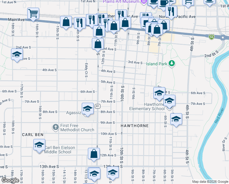 map of restaurants, bars, coffee shops, grocery stores, and more near 503 11th Street South in Fargo