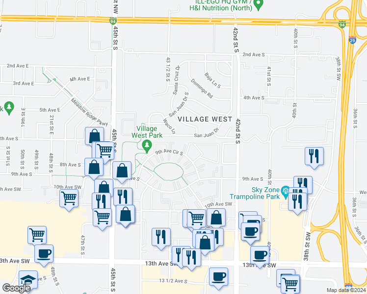map of restaurants, bars, coffee shops, grocery stores, and more near 4502 San Juan Drive South in Fargo