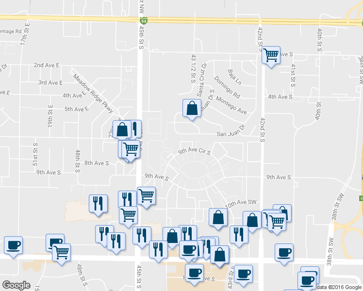map of restaurants, bars, coffee shops, grocery stores, and more near 4339 9th Avenue Circle South in Fargo