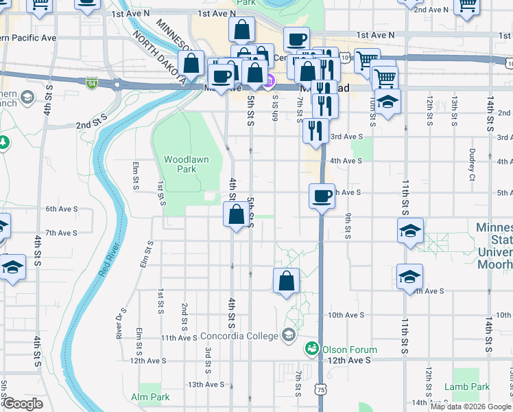 map of restaurants, bars, coffee shops, grocery stores, and more near 505 5th Street South in Moorhead