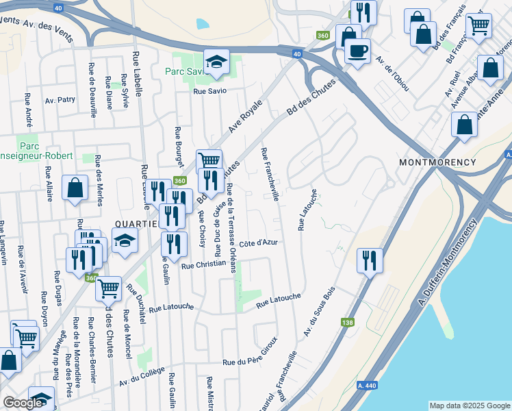 map of restaurants, bars, coffee shops, grocery stores, and more near 2125 Rue Duc de Toscane in Ville de Québec