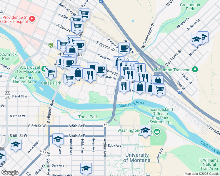 map of restaurants, bars, coffee shops, grocery stores, and more near 528 East Front Street in Missoula